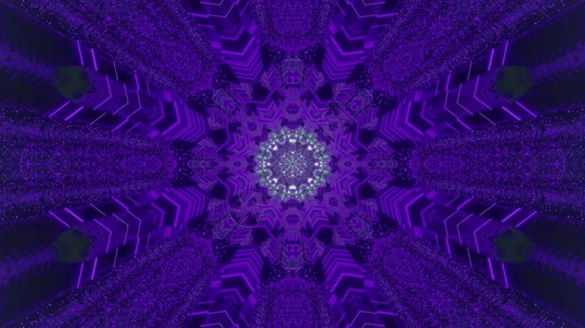 中央无尽的紫色以对称装饰紫雪花为形状的抽象背景图解3d与闪光银中心相配产生魔术隧道紫虹线雪花底3d的幻象图片