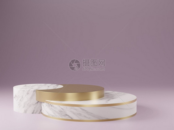 圆圈3d制成的演播室模拟供产品展示大理石和金圆台形在地板紫色上金子渲染图片
