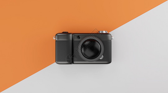 橙色和白上空的黑紧闭照相机与黑色和白背景旅行概念3d现代的光学最小图片
