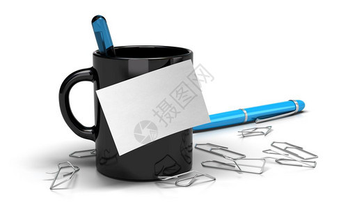 通信概念空白备忘录笔记到带有回形针的黑色杯子上蓝笔图像在白背景上空备忘录笔记概念营销白色的黑图片