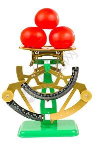 大量的措施金属3个西红柿在比例上图像来自前方和白孤立背景图片