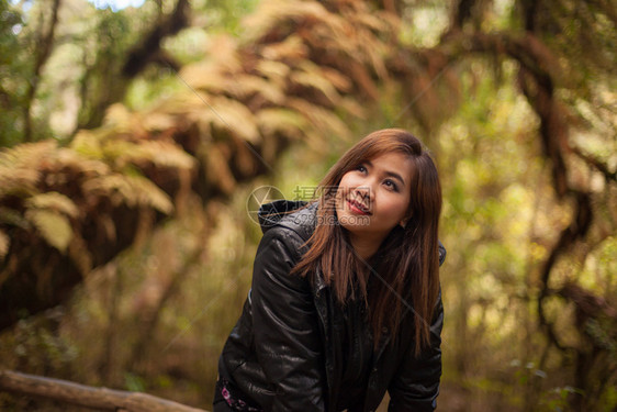 吸引人的美丽秋天公园年轻亚洲女人士图片
