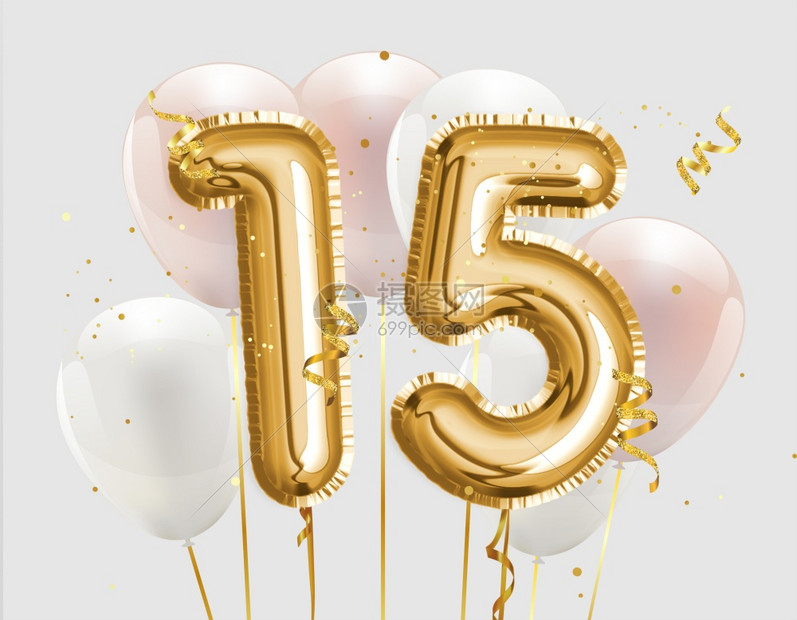 快乐的十五岁生日快乐金宝石气球15周年纪念标志模板第十五届以彩心照片库存庆祝第十五届金子股票图片