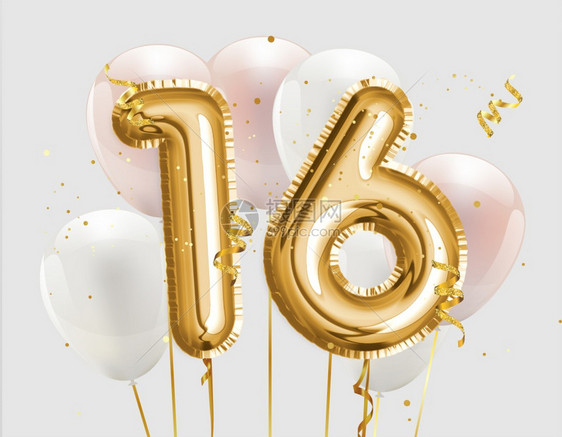 16岁生日快乐金宝石气球贺卡背景16周年纪念标志模板第16次以彩心照片库存庆祝第16次向量日数字图片