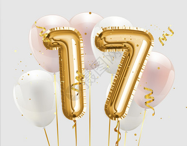 典蔵派对闪亮的17岁生日快乐金宝石气球贺卡背景17周年纪念标志模板第