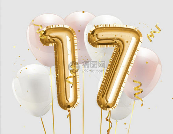 派对闪亮的17岁生日快乐金宝石气球贺卡背景17周年纪念标志模板第17次以彩蛋照片库存庆祝第17次典图片