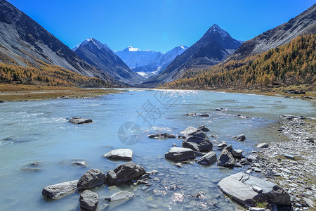 草在俄罗斯阿尔泰Belukha山一景的Akkemskoe湖日出一种美丽的图片