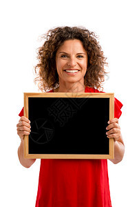 自信的一个笑中年黑发人拿着粉笔板的肖像华丽白色图片
