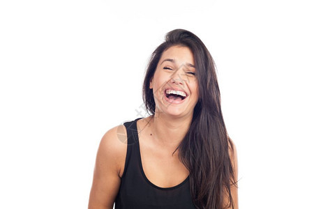 幸福喜悦时尚一位快乐的年轻黑发女人欢笑的肖像图片
