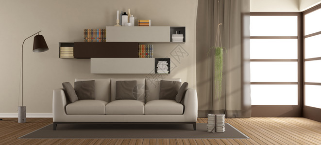 室内的水平Beige和棕色客厅Beige和棕色现代客厅地毯上有沙发的棕色现代客厅3D现代的图片