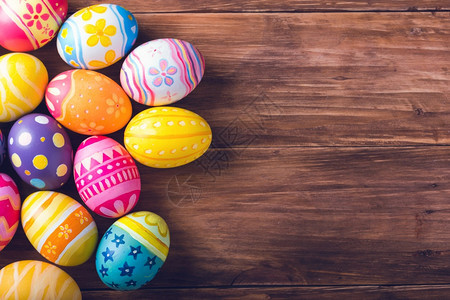 四月褐木背景上彩色的东方鸡蛋丰富多彩的棕色图片