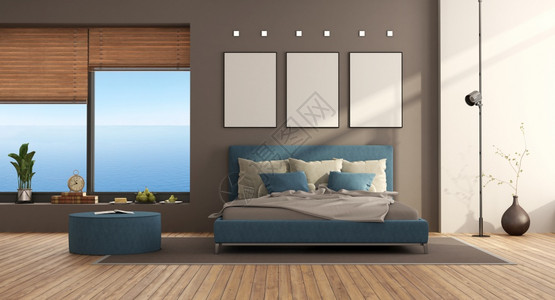 软垫渲染蓝色和棕现代卧室有双床和大窗户3D制成蓝和棕色现代卧室脚凳图片