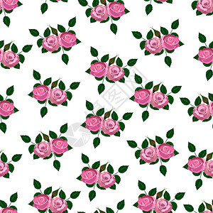 装饰风格白色背景上的粉红玫瑰叶子上无缝的墙纸粉红玫瑰和叶子生长植物群图片
