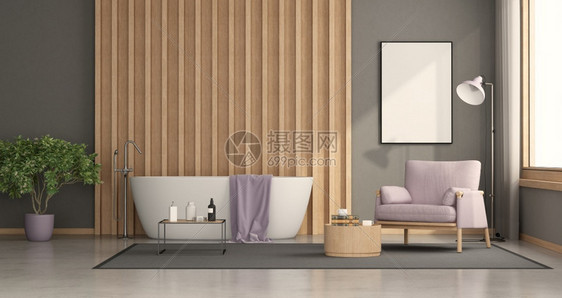 控制板现代浴室缸用木板布在背景和扶手椅上3D制成最起码的卫生间洗浴室用木板布在背景上制的粉色图片