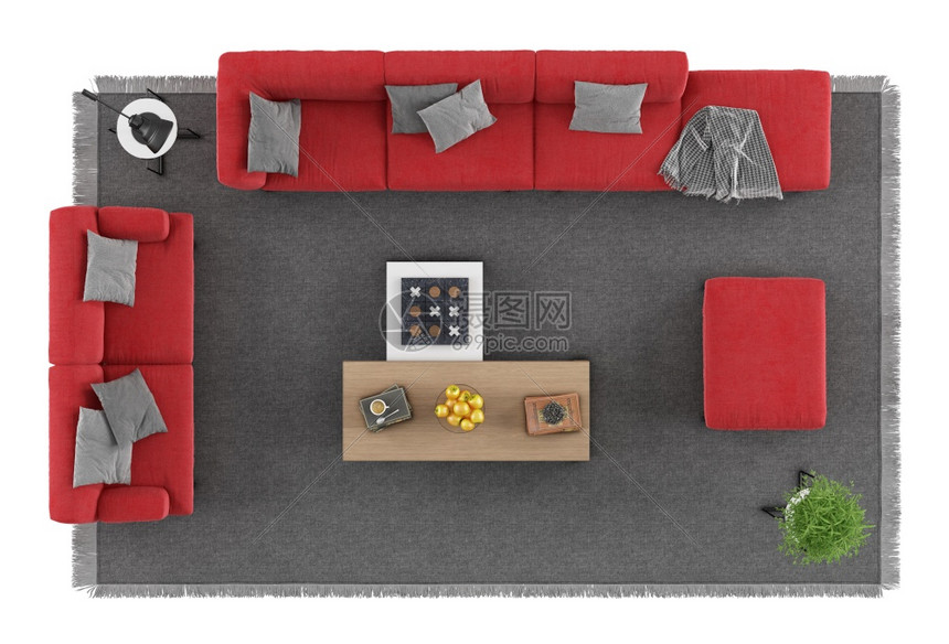 出去红色沙发和黑地毯上咖啡桌的高角视距在白色3D上方可见红沙发在白色的黑地毯上孤立极简主义者软垫图片