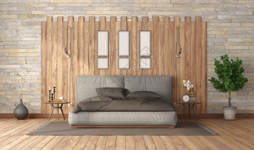 现代卧室双人床靠在木板和石墙上3d渲染现代卧室双人床靠木板地面室内植物硬木图片