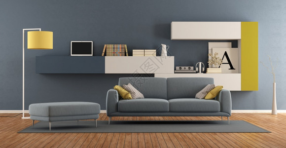 灯硬木灰泥现代客厅有蓝色沙发和多彩背景书架3D提供现代多彩客厅图片