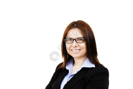 快乐的戴着眼镜微笑女商人在白色背景上戴着眼镜微笑的女商人学校黑发图片