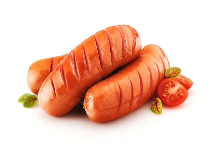 白底孤立的含草药和番茄甘油香肠法兰克福烧烤油炸图片素材