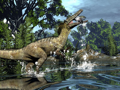 古生物学使成为在金果树旁的河流中捕鱼食虫恐龙使成为捕捉动物恐龙坦普斯基亚图片