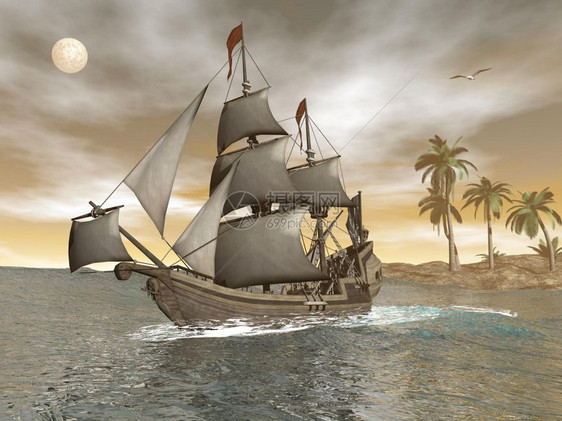 旅行插图海盗船在上漂浮夜间驶离海边棕榈树和的岛屿木制图片