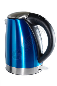 隐漆成蓝色的不锈钢用白底色背景的不锈钢罐装有黑色塑料柄的无线电壶处理标记图片