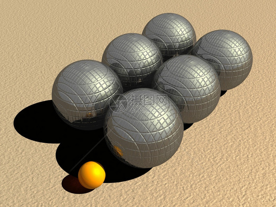 杰克法国6个大金属平方石球和1个小橙子插在沙滩上Petanque游戏球阴影图片