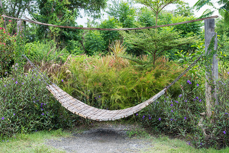 植物在和平花园的木制吊床休息的图片