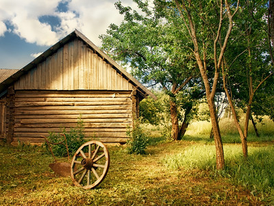 怀旧古老的辐带树木轮子和犁地的乡村院图片