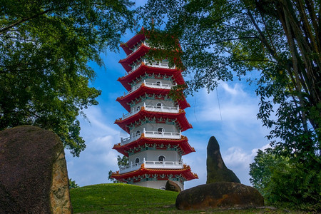 文化宗教石头新加坡公园多层塔台周围着新加坡公园绿树的寺庙校对Portnoy图片
