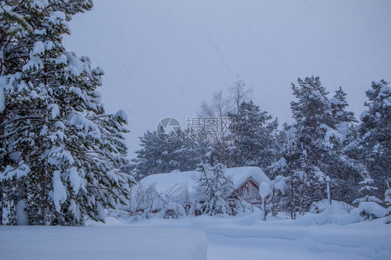 树深处的小房子所有东西都充满了积雪它正在森林大厦周围下雪瀑布上在森林大厦周围木头老的图片