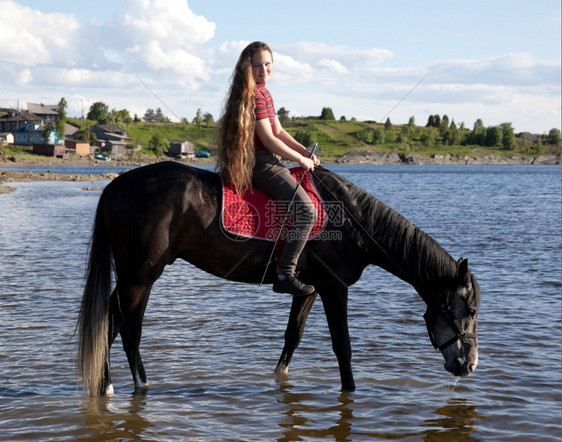 动物纯种一女孩带领匹马到水边夏月风景图片