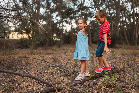 女孩两个子在森林里玩耍随意的树图片
