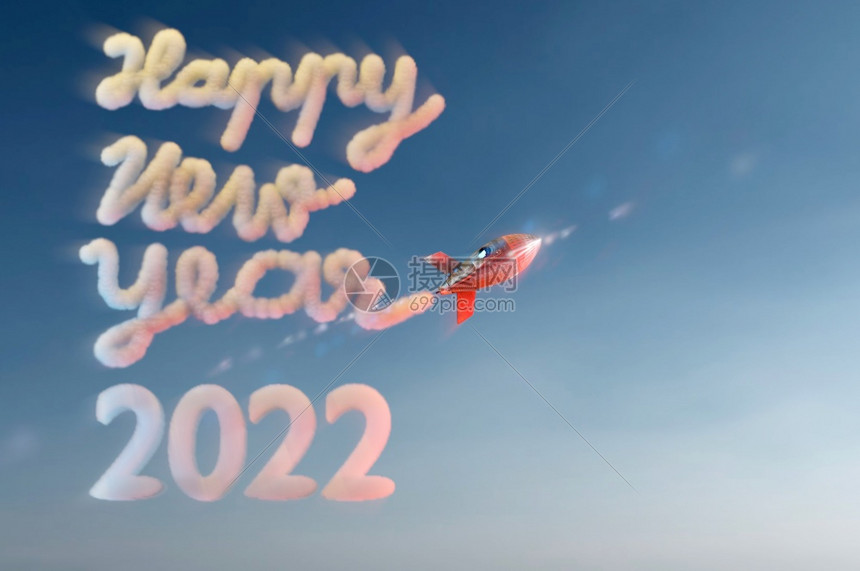 3d插图20年新快乐由火箭在天空中绘制概念云世界圣诞节运输图片