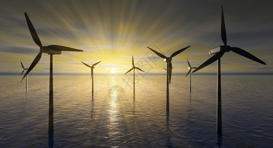 工业的创新在山和日落3D背景的海上风力涡轮机供应图片