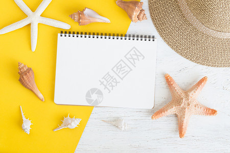 白色木上的黄纸写着空白的平面笔记本和暑假的贝壳桌子质地白木图片