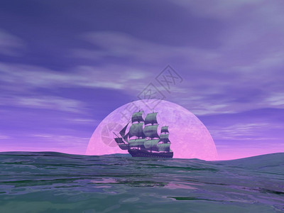 海上月亮前的旧商船在海面云雾的日落3D变成旧商船3D旅行海洋图片