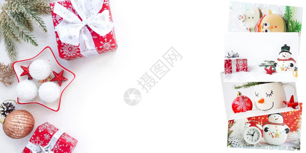 圣诞节横幅球树枝带礼物的盒子和白桌牌上的圣诞贺卡侏儒面孔复制图片
