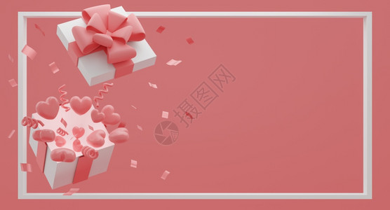 购物节日婚礼以粉色背景颜的红心彩盒装满飞气球心的礼物盒图片