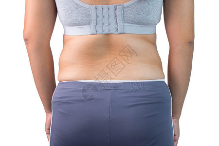 锻炼观察亚洲胖妇女的后视力在白色背景上被超重孤立女脂肪腹部肥胖症和保健概念不良皮肤图片