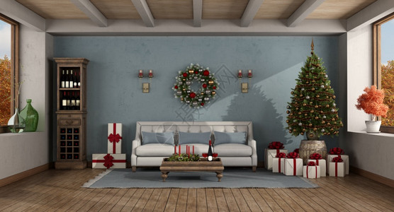 内部的带圣诞树和礼物的回放客厅3DRetro客厅带有圣诞装饰品的家具图片