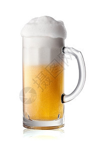反射含泡沫的窄杯啤酒在白色背景上与泡沫隔绝含的狭杯啤酒茶点湿的图片