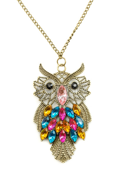 眼睛以宝石装饰的猫头鹰项链在一条上珠宝艺术图片