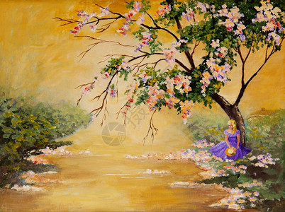 一张原创的丙烯香油画一幅美丽的南方贝铃坐在一棵盛开的树下金子创造力丙烯酸纤维图片