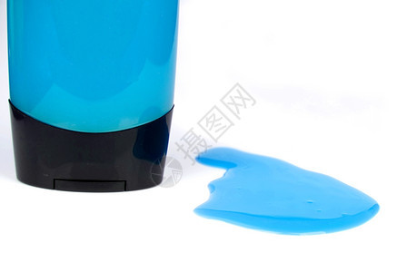 卫生保健美丽干净的以白色隔离蓝彩淋浴胶瓶和挤压样本图片