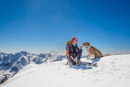 冬季和宠物狗一起登山图片