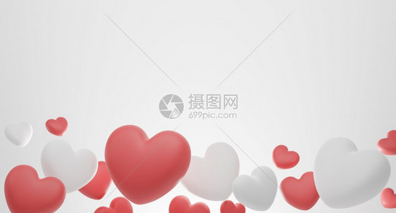 天ValentinersqiposDay概念白底3D投影的红白心气球浪漫的情人节图片