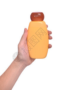 人们洗剂男子用手握着太阳润晒水瓶在白色背景上隔离人类图片