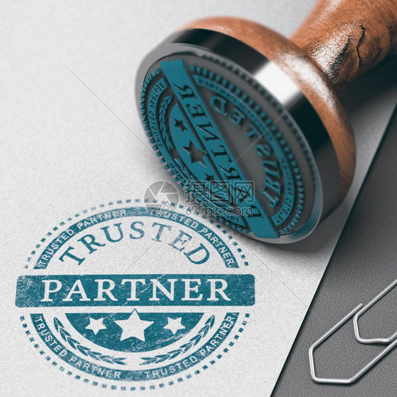 咨询以橡皮邮票印在纸面背景图章上的受信任伙伴标记商业信任概念和伙伴关系3D插图创建强有力的商业伙伴关系建设信任合伙心图片