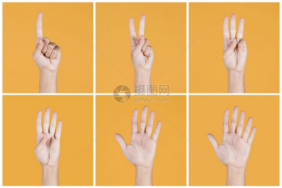 不同的拼图一五手指数表示黄色背景符号白种人数图片